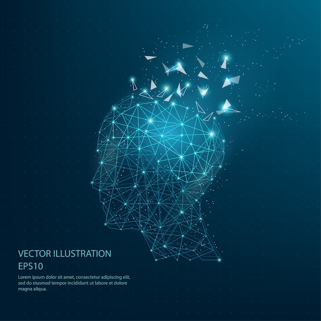 Digitally drawn thinkers head and brain low poly wire frame.