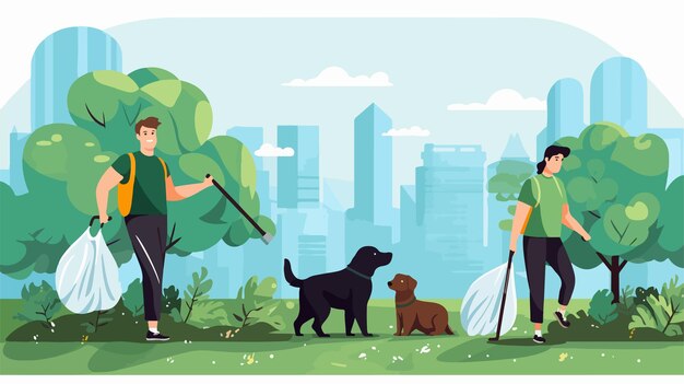 Vector diligent dog owners cleaning up waste with bags in park