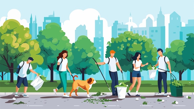 Vector diligent dog owners cleaning up waste with bags in park