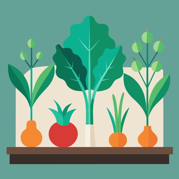 Vector dill lettuce onions peppers tomatoes grow in the garden bed vector illustration flat 2