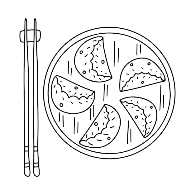 Dim Sum in hand drawn doodle style Asian food element isolated on white background Top view