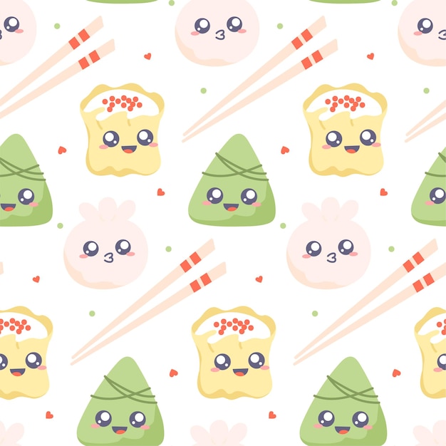 Dim sum seamless pattern. Cute kawaii dumplings with chopsticks.