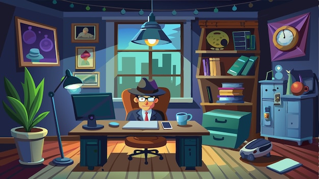 Vector dimly lit detective office interior with vintage accents at night