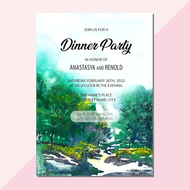 Dinner party invitation card with watercolor abstract landscape of yellow flower forests and rivers