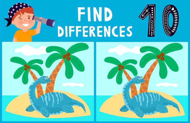 Dino illustration Find 10 differences Educational funny game for children Puzzle for children kid Print and play