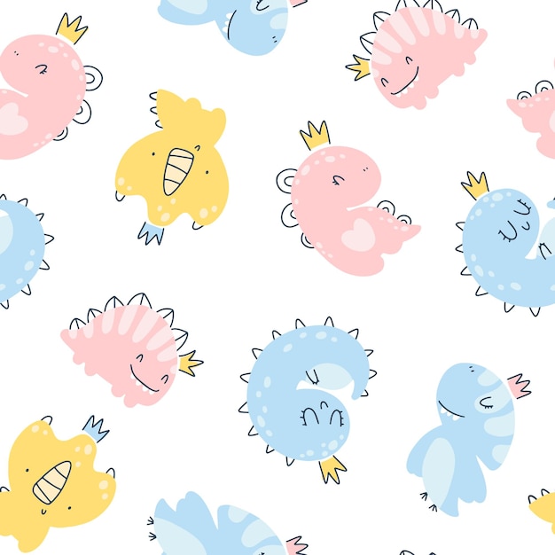 Dino princess seamless pattern. Girls dinosaurs in crowns in a simple childish hand-drawn Scandinavian style. Vector texture for baby clothes, packaging, wallpapers, textiles, fabrics.