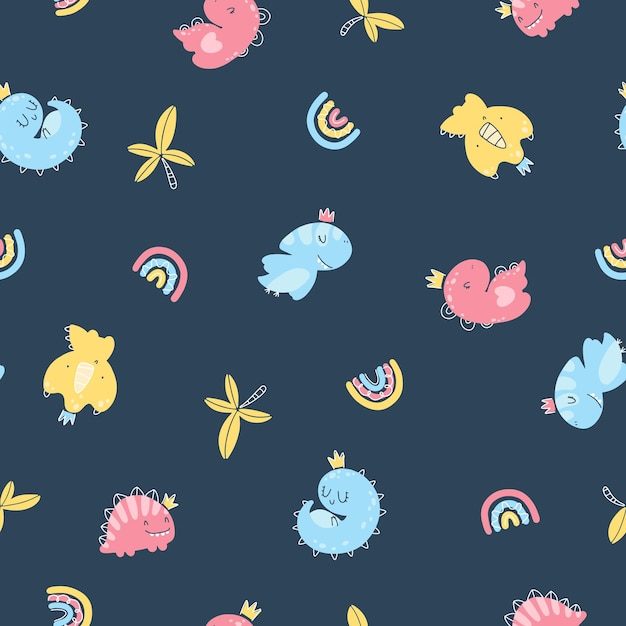 Dino princess seamless pattern. Girls dinosaurs in crowns in a simple childish hand-drawn Scandinavian style. Vector texture for baby clothes, packaging, wallpapers, textiles, fabrics.