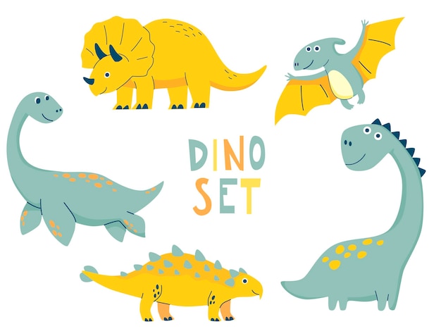 Dino set in simple hand drawn cartoon style