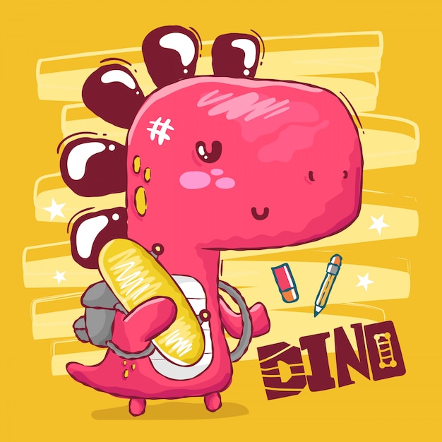 Dino with skateboards and school supplies illustration