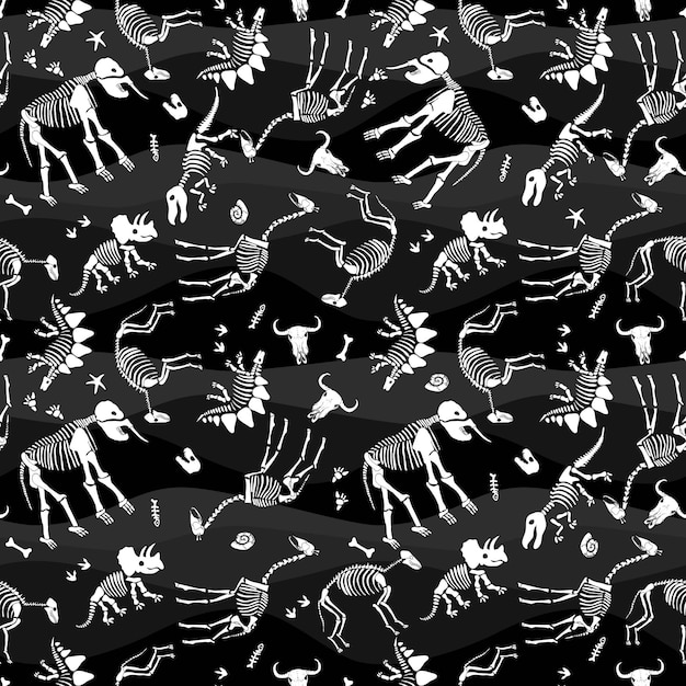 Dinosaur and animal bones on a dark background Print for fabric