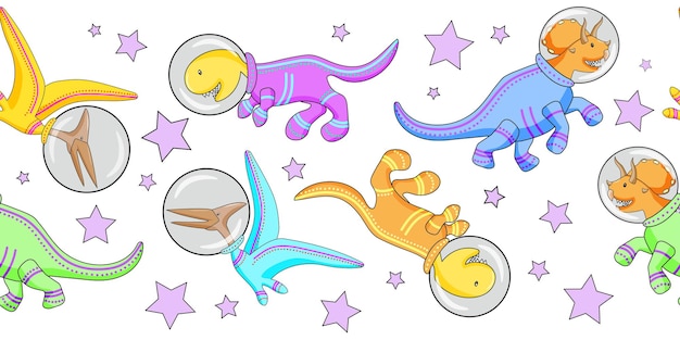 Dinosaur astronauts in colorful space suits on a white background