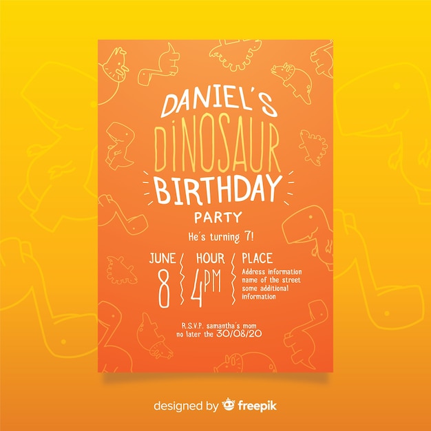 Dinosaur birthday invitation template with doodle background