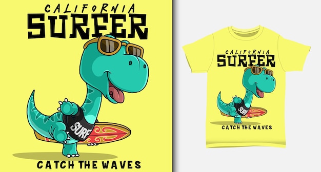 Dinosaur carrying a surfboard. with t-shirt design.