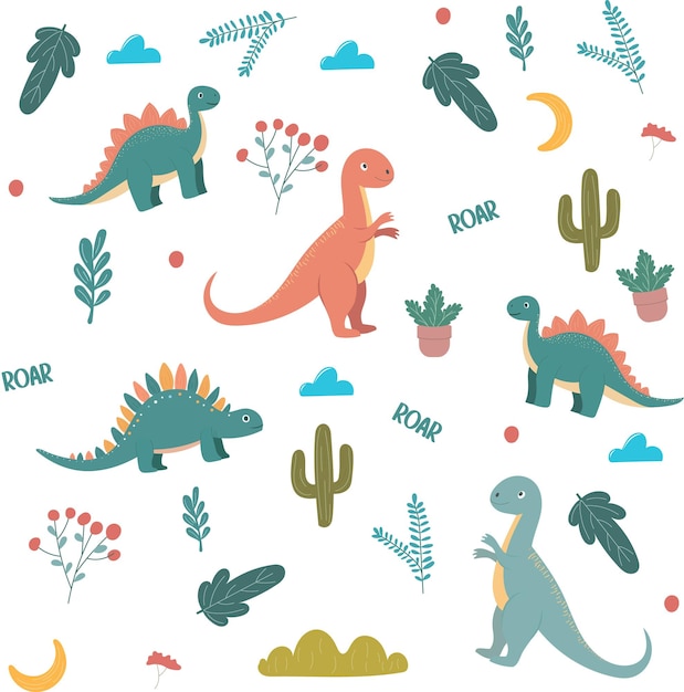 dinosaur childrens vector pattern Seamless pattern with cute cartoon dinosaurs