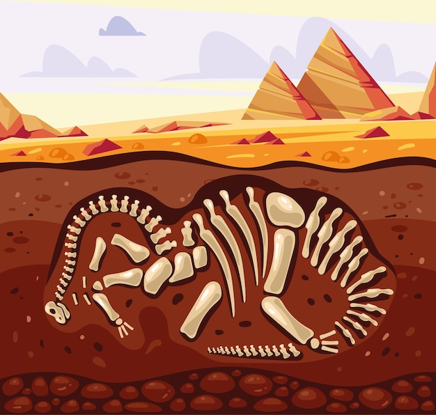 Dinosaur diplodocus skeleton remains archeology excavation concept flat graphic design illus