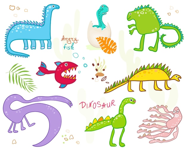 Dinosaur dragon handdrawn Set Scandinavian style cartoon animals for tshirt printing Doodle