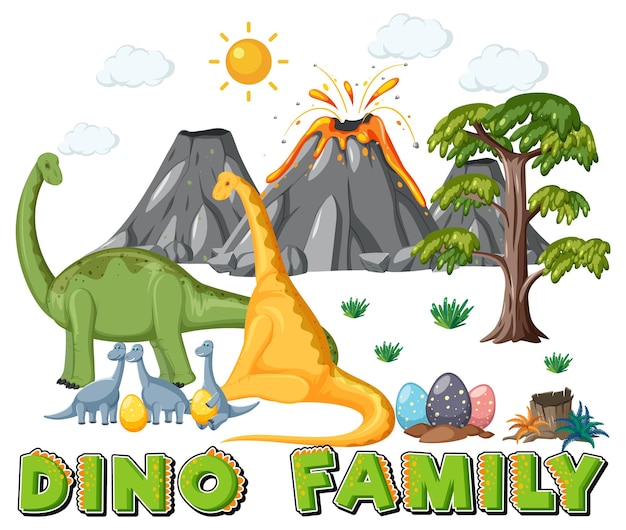 Dinosaur family with forest objects