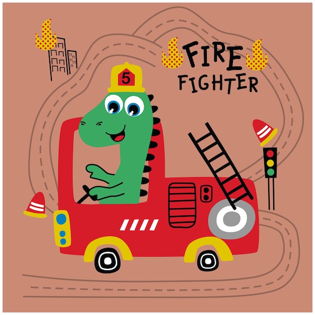 Vector dinosaur the fire fighter funny animal cartoon