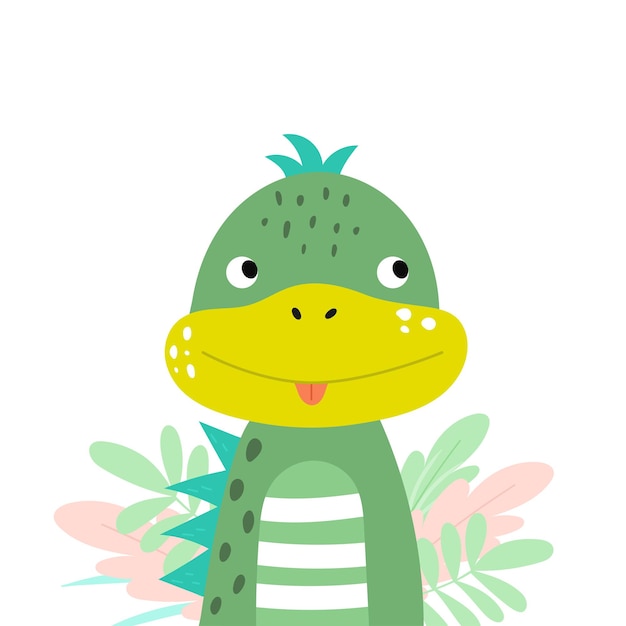 Dinosaur in flat style. Cartoon dino portrait. Vector iilustration with cute dinosaur for kids.