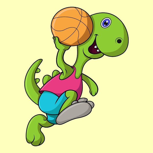 A dinosaur is jumping holding a basketball