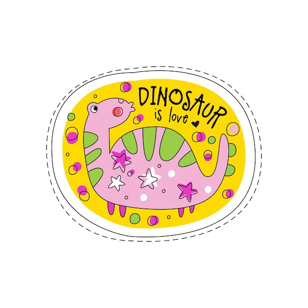 Dinosaur is love patch badge cute cartoon animal sticker hand drawn vector Illustration on a white background