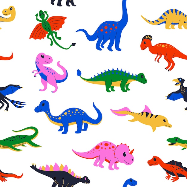 Dinosaur pattern Seamless print with cute colourful prehistoric reptiles for kid illustration Vector illustrations funny Jurassic lizard texture design room baby