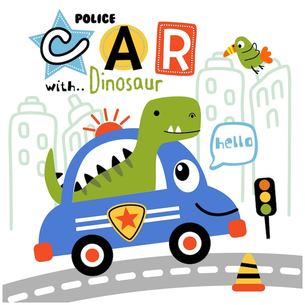 dinosaur on the police car funny animal cartoon