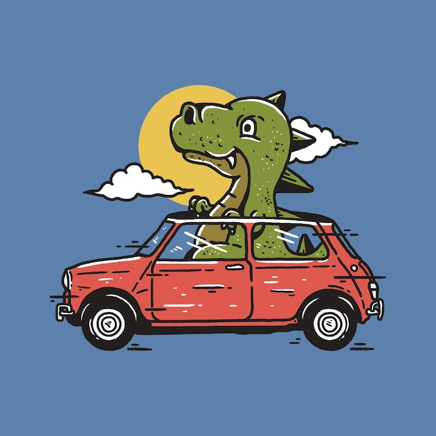 Dinosaur ride classic car vector illustration design