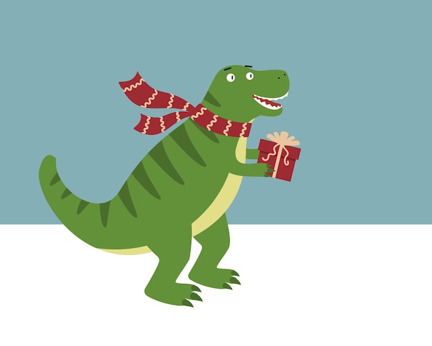 Dinosaur in scarf with christmas gift. vector