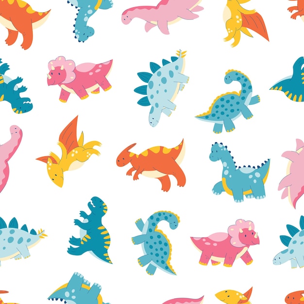 Dinosaur seamless pattern Cute cartoon dinosaurs triceratops reptile dragon monster flat