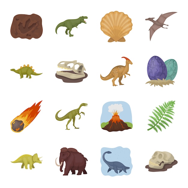 Dinosaur Set of vector elements. Illustration of dinosaur and other ancient world attributes.