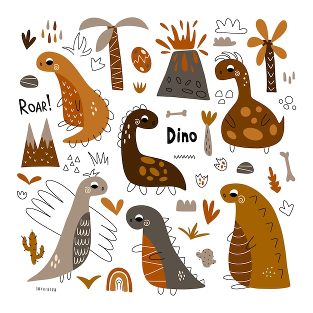 Dinosaur vector set in boho style Colorful cute baby illustration perfect for baby room and textiles