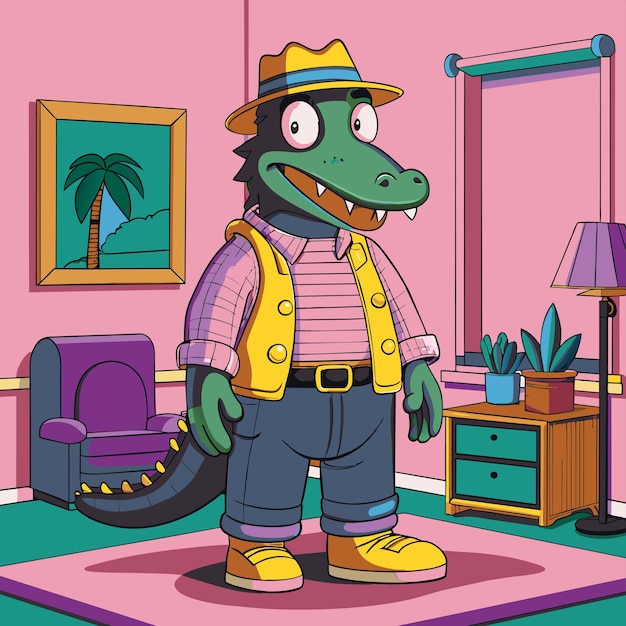 Vector a dinosaur wearing a hat and vest stands in a room with a pink wall