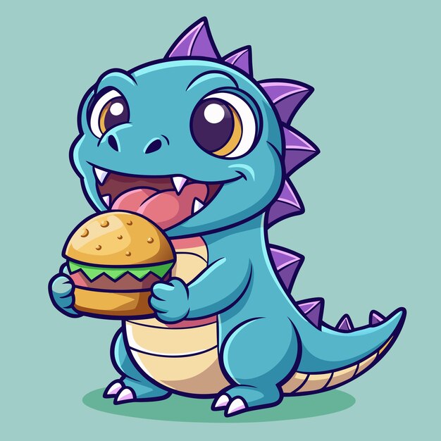 Vector dinosaur with a hamburger cartoon vector illustration