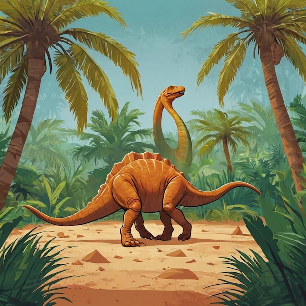 a dinosaur with palm trees in the background