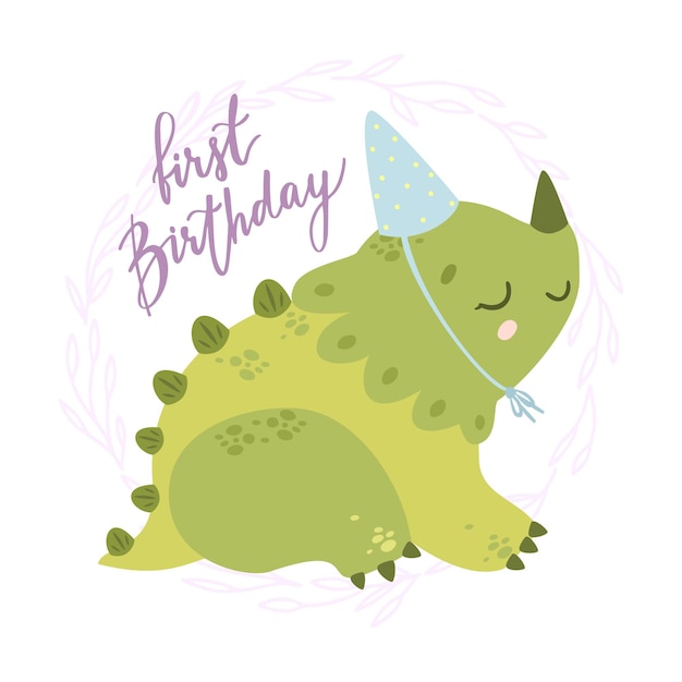 dinosaur with party hat and text: first birthday