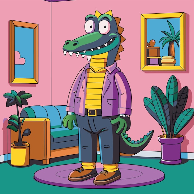 Vector a dinosaur with a purple jacket and a purple shirt is standing in a living room