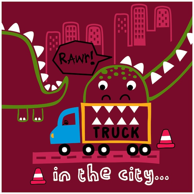 Vector dinosaur with truck in the city funny animal cartoon