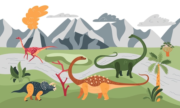 Dinosaurs background composition with outdoor scenery of meadow with mountains tropical plants and ancient beast animals vector illustration