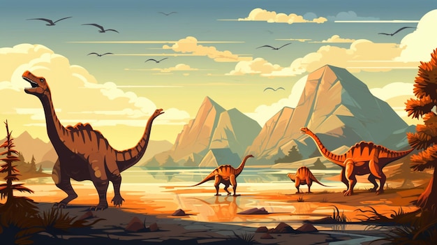 Vector dinosaurs on the beach with mountains in the background