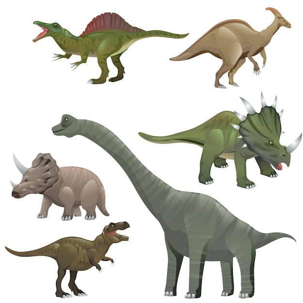 Dinosaurs cartoon character. Brachiosaurus, pterodactyl, tyrannosaurus rex, dinosaur skeleton