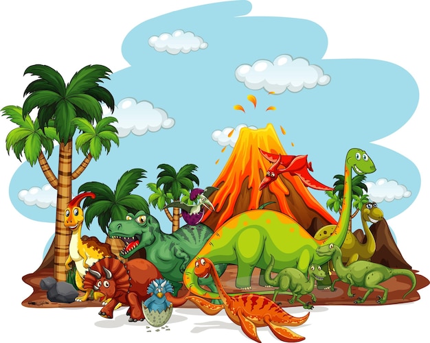 Dinosaurs cartoon character in nature scene