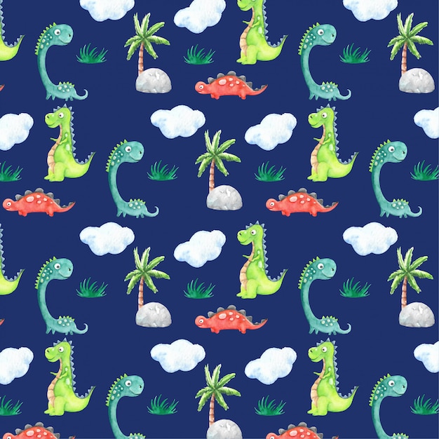 Dinosaurs cartoon watercolor pattern