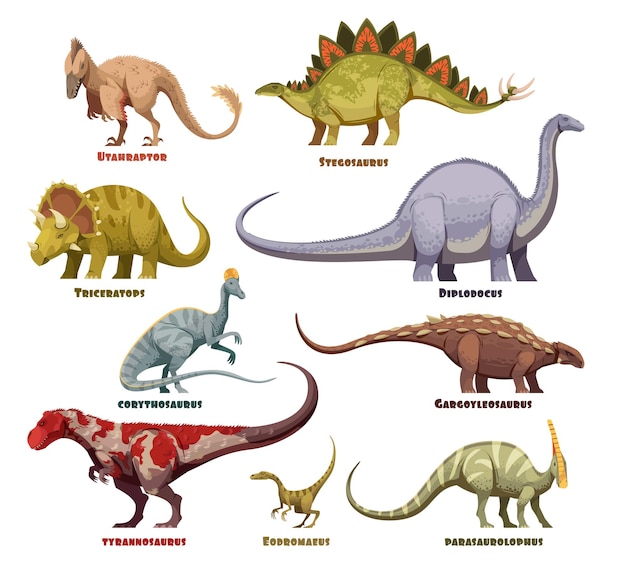 Vector dinosaurs colored cartoon set with text description isolated on white background vector illustration