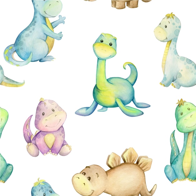 Dinosaurs different colors in a cartoon style Watercolor seamless pattern on an isolated background Prehistoric animals for printing on fabric digital paper for children