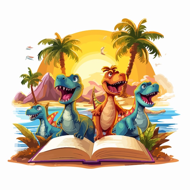 Dinosaurs Emerging from Storybook on Beach