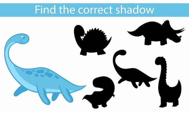 Dinosaurs. Find the correct shadow. Educational game for children. Vector illustration, cartoon style.