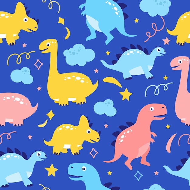 Dinosaurs funny pattern on a blue background vector illustration In a flat style for printing