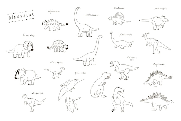 Vector dinosaurs illustrations vector doodle set with hand drawn names