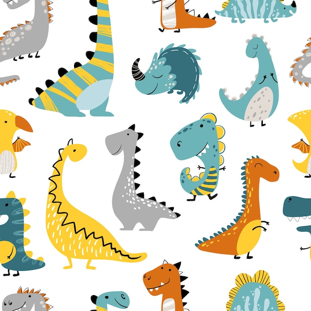 Dinosaurs  seamless pattern on a white background. Children s illustration in a funny cartoon